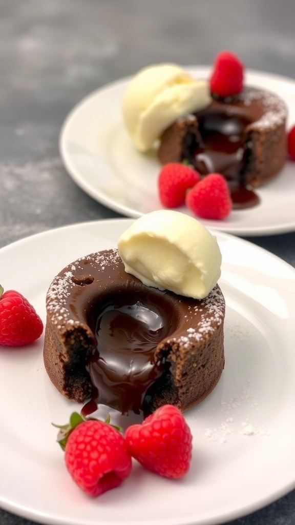Mini chocolate lava cakes with molten centers, garnished with powdered sugar and raspberries, served with ice cream.