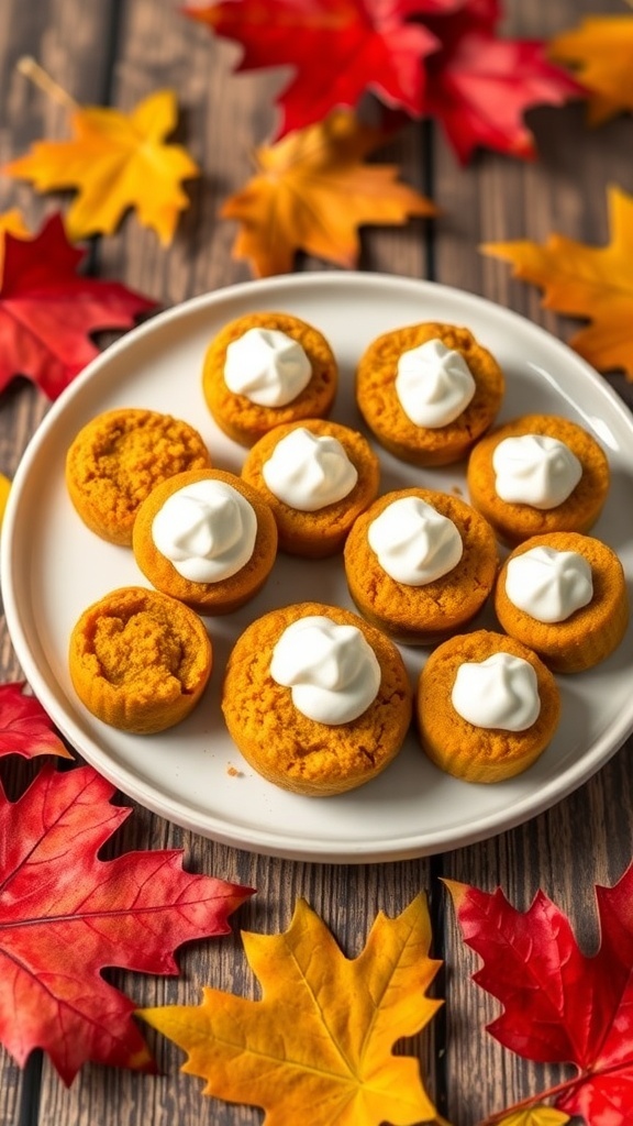 Mini pumpkin pie bites topped with whipped cream on a rustic plate, surrounded by autumn leaves.