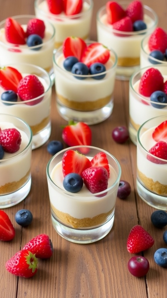 No-bake cheesecake cups topped with fresh berries on a wooden table.