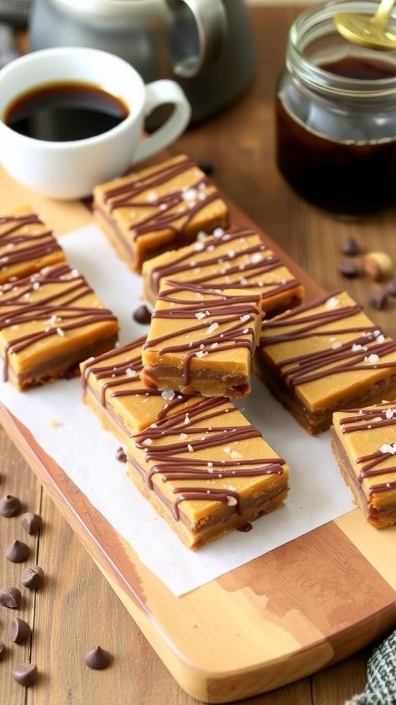 No-bake chocolate caramel bars cut into squares, drizzled with chocolate and sprinkled with sea salt on a wooden board.