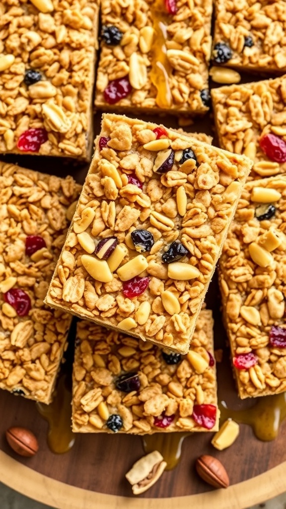 Homemade no-bake granola bars with nuts and dried fruits on a wooden board.