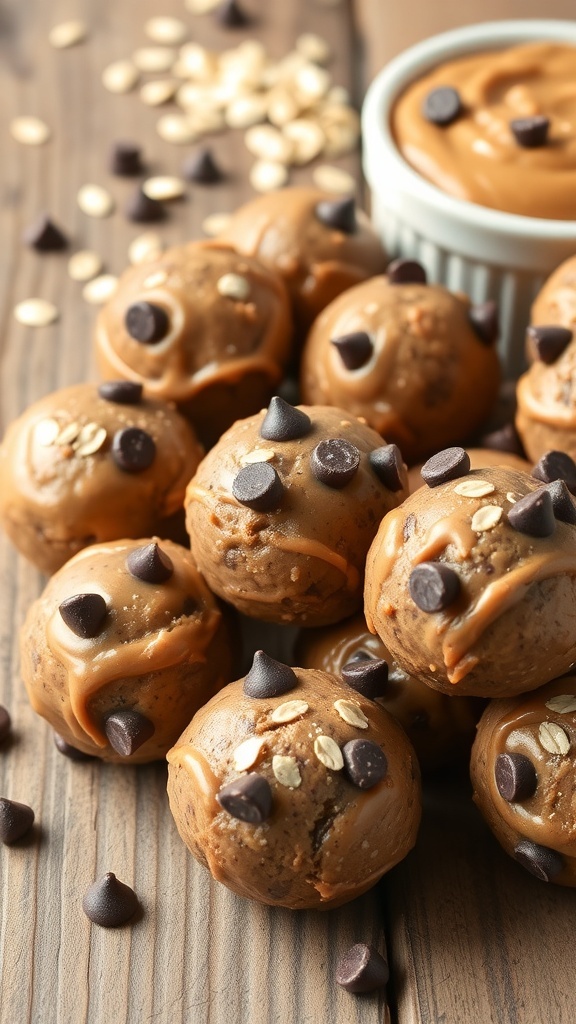 Chocolate peanut butter protein balls on a wooden surface, with a bowl of peanut butter and oats in the background.