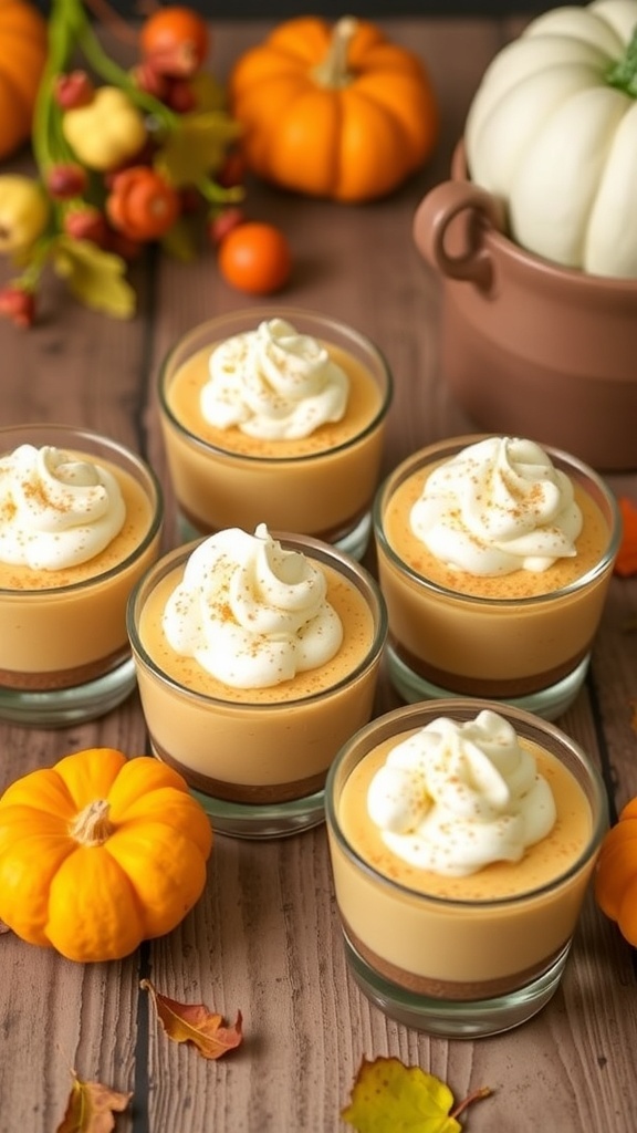 No-bake pumpkin cheesecake cups topped with whipped cream and pumpkin pie spice on a wooden table with autumn decorations.
