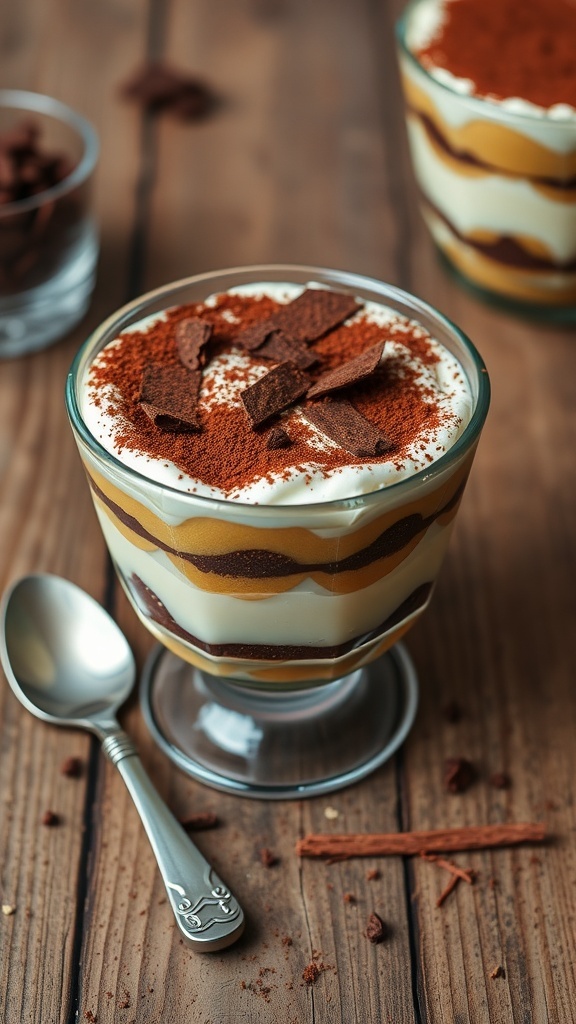 A layered no-bake tiramisu with coffee-soaked ladyfingers and mascarpone cream, dusted with cocoa powder and garnished with chocolate shavings.