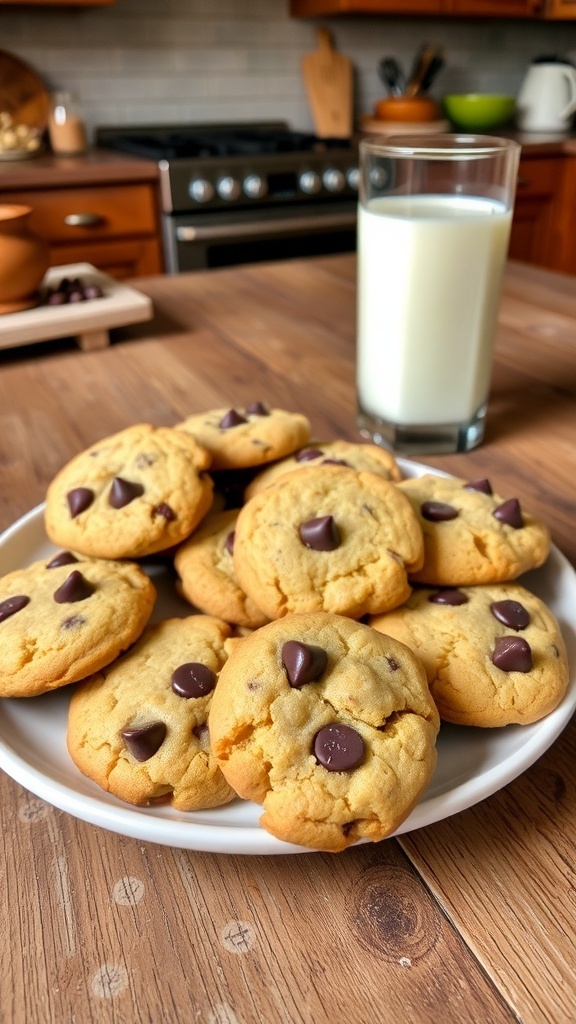 Nut-free keto chocolate chip cookies on a plate with chocolate chips, served with almond milk on a wooden table.