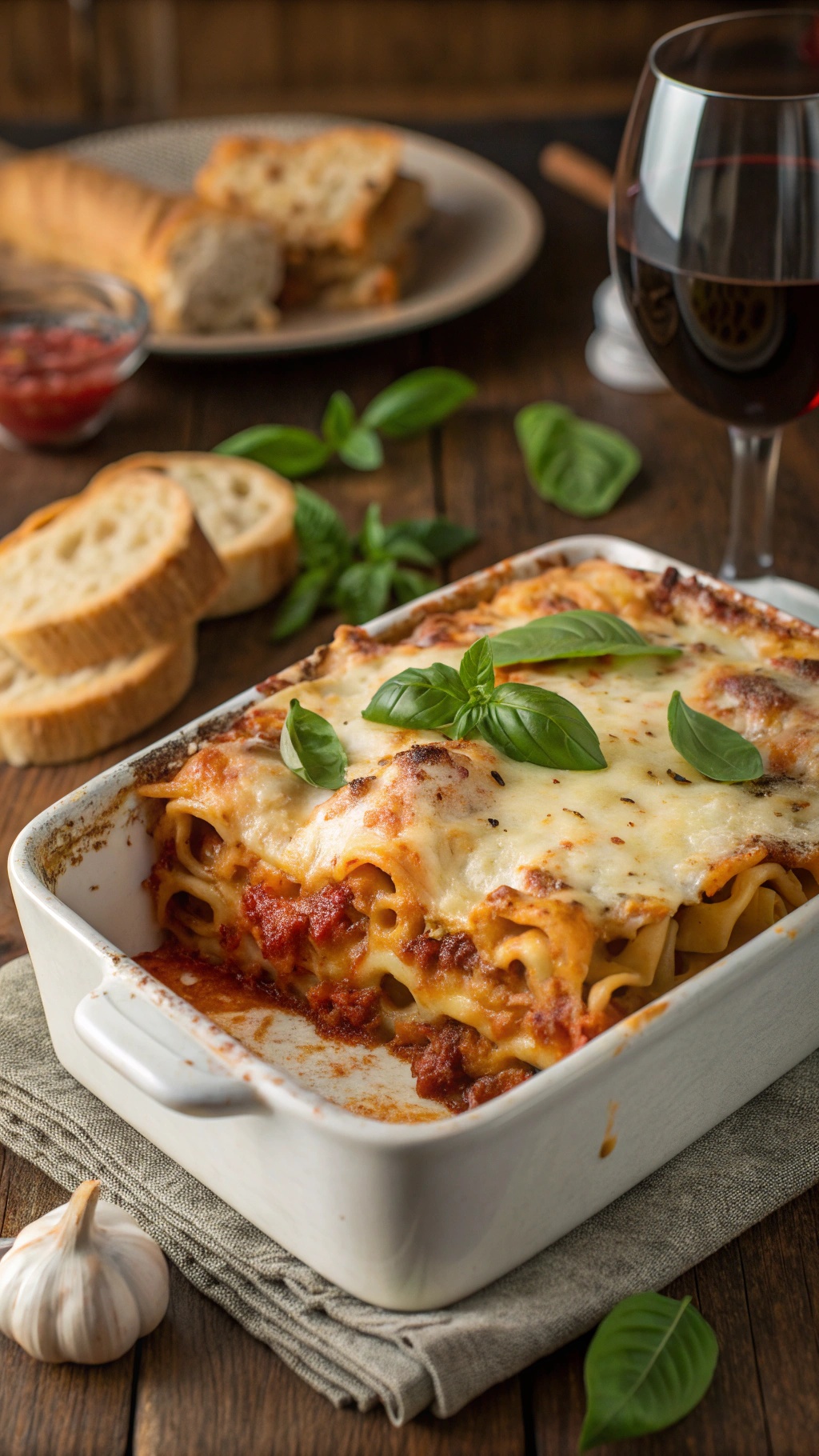 A bubbling dish of baked ziti with marinara sauce and melted cheese, garnished with basil on a rustic table.