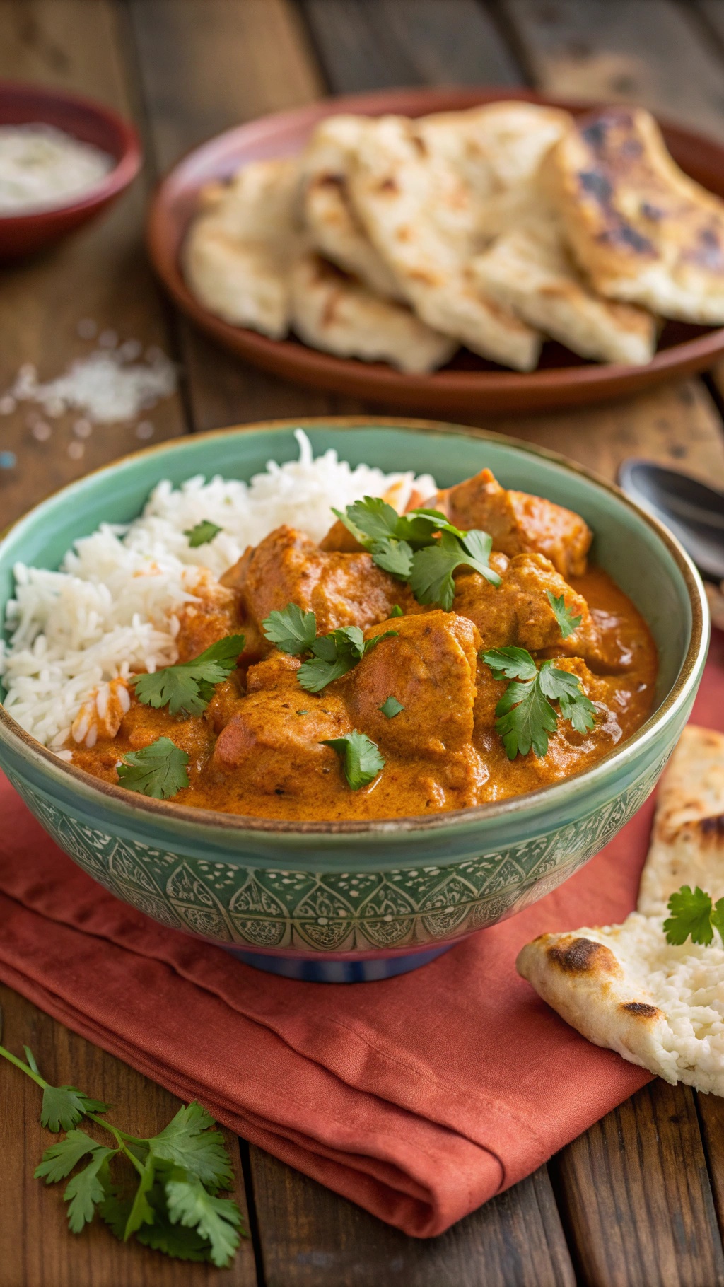 Creamy butter chicken with rice and naan, garnished with cilantro on a wooden table.