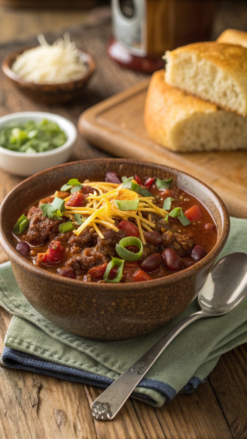 A bowl of hearty chili with ground beef, beans, and tomatoes, topped with cheese and green onions, alongside cornbread.