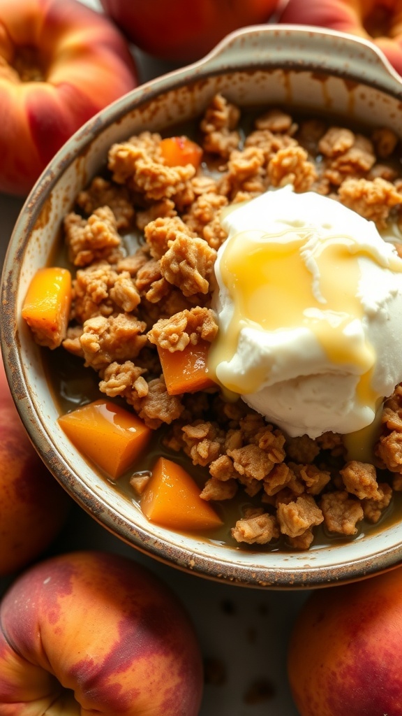 Warm peach crisp with oat topping in a rustic dish, served with vanilla ice cream and fresh peaches.