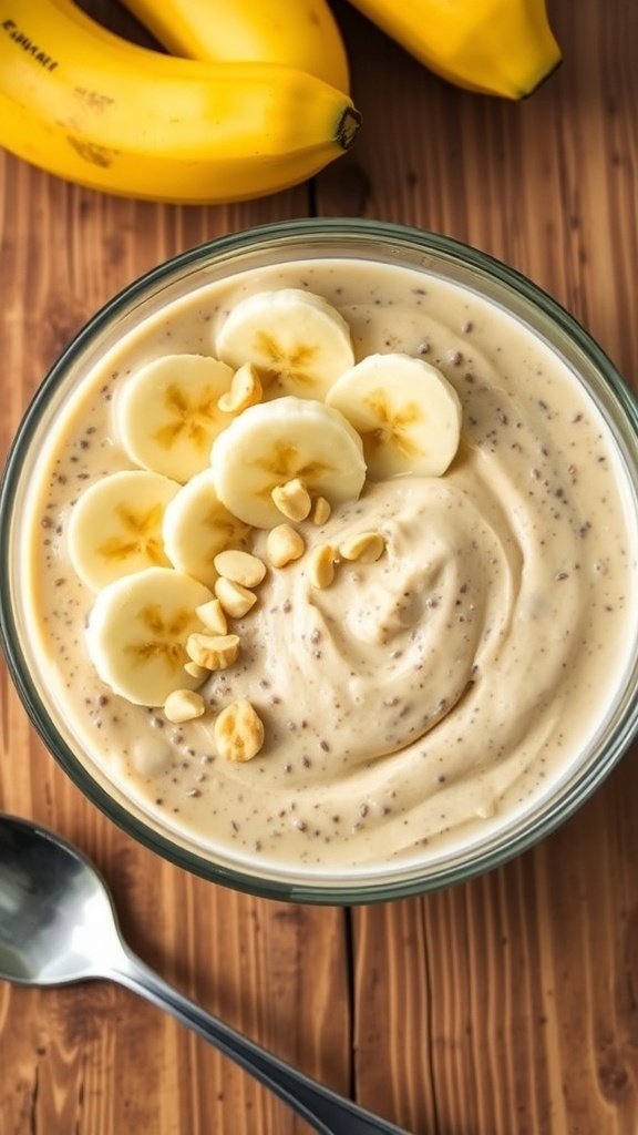 Creamy peanut butter banana chia pudding topped with sliced bananas and peanuts in a glass bowl on a wooden table.