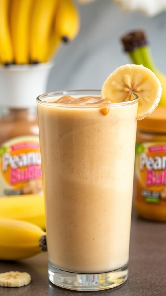 A tall glass of peanut butter banana smoothie garnished with banana slice and peanut butter, set in a bright kitchen.