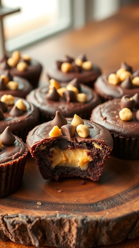 Delicious peanut butter brownie cups with chocolate and peanut butter filling, garnished with peanuts and chocolate chips.