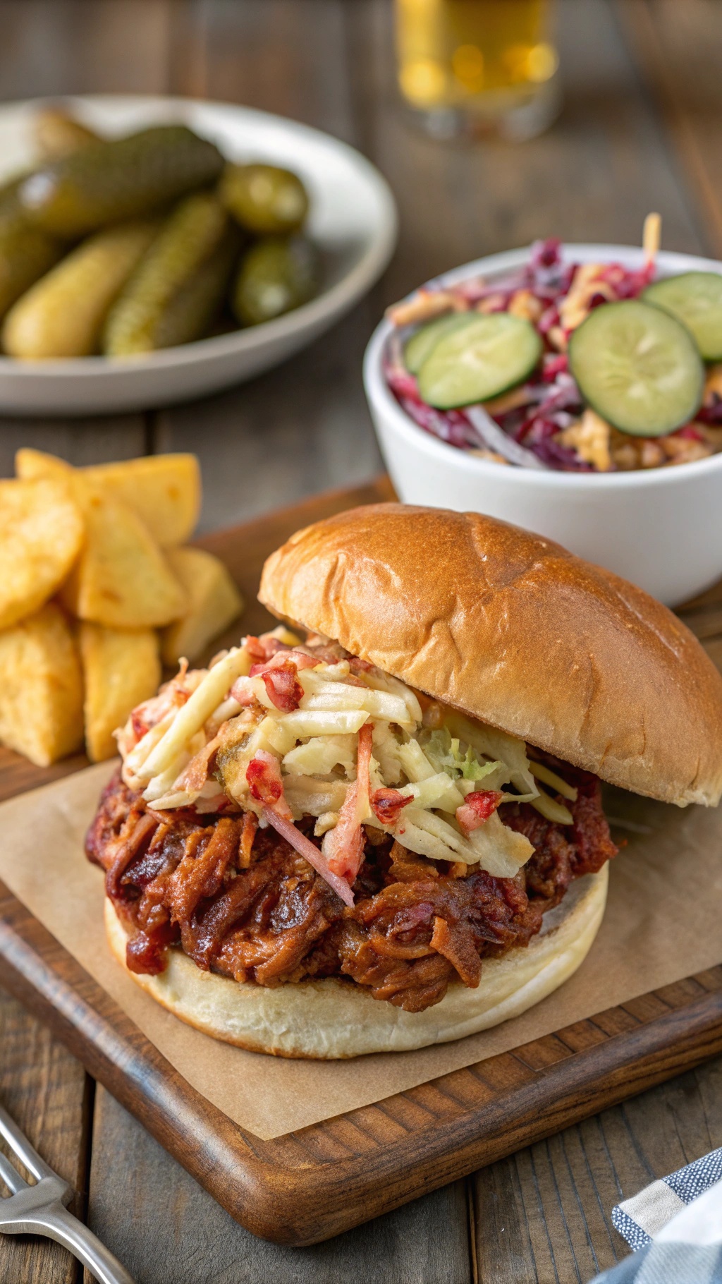 A pulled pork sandwich with pineapple BBQ sauce and coleslaw on a wooden table with pickles.
