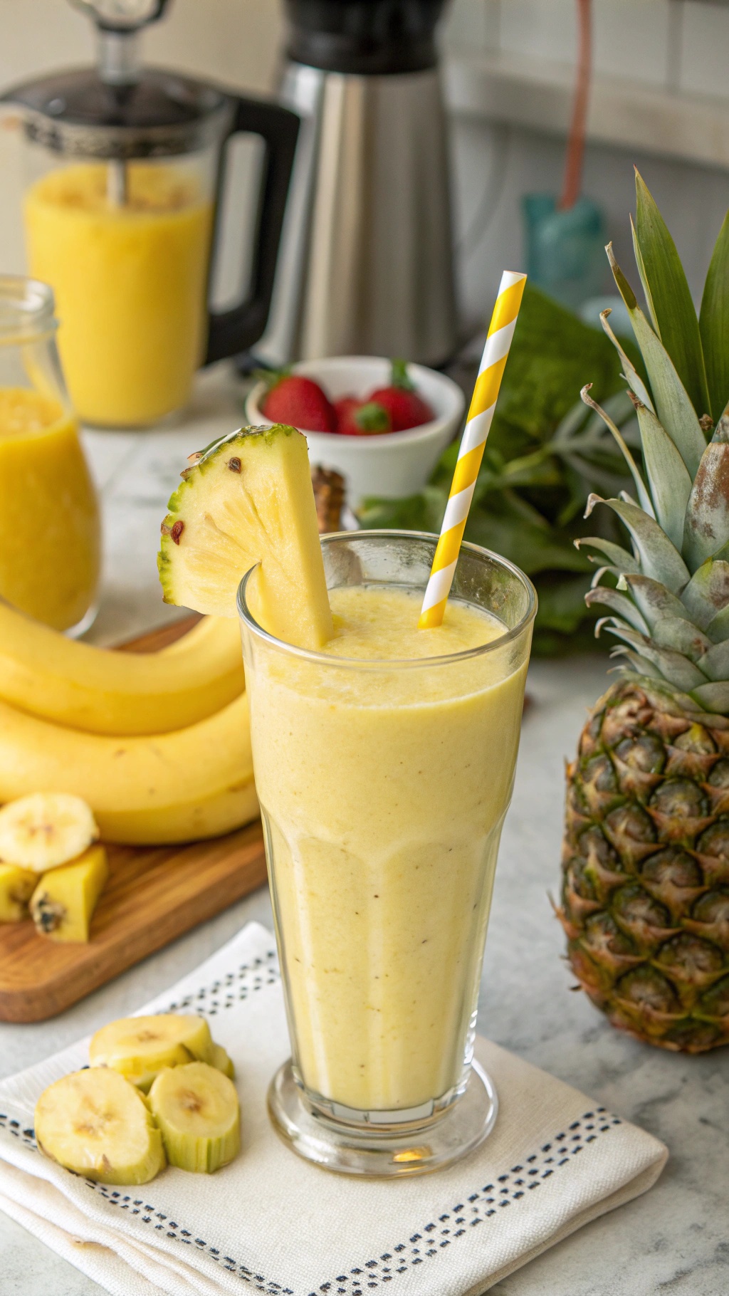 A refreshing pineapple banana smoothie in a glass, garnished with pineapple and banana slices, in a sunny kitchen.