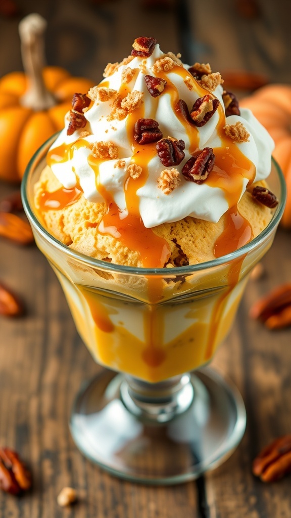 Pumpkin ice cream sundae with whipped cream, graham crackers, caramel sauce, and pecans in a glass bowl on a wooden table.