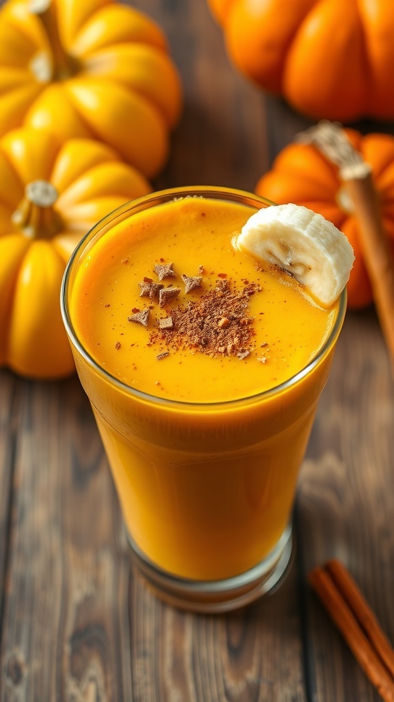 A refreshing pumpkin smoothie in a glass with cinnamon and banana, surrounded by autumn decor.