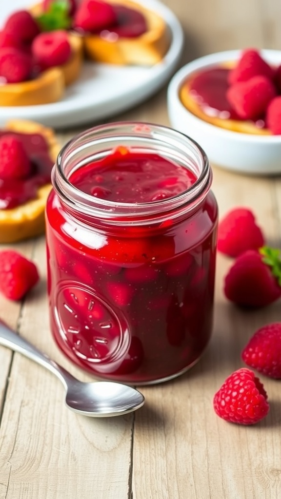 A jar of raspberry chia jam with toast and fresh raspberries on a wooden table.