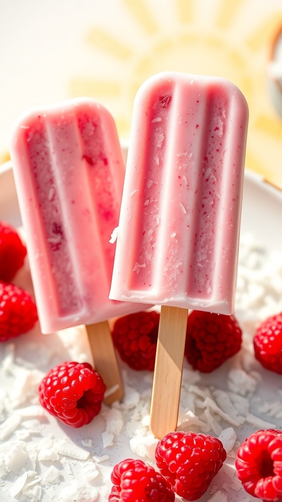 Creamy raspberry coconut popsicles on a sunny background with fresh raspberries and coconut flakes.