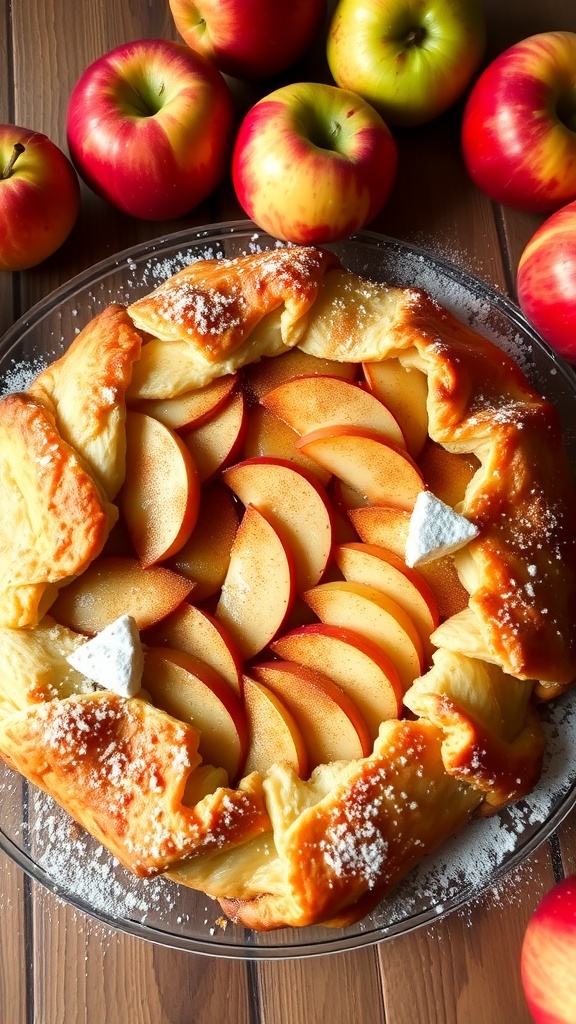 A rustic apple galette with a flaky crust and cinnamon-spiced apple filling, served on a wooden table.