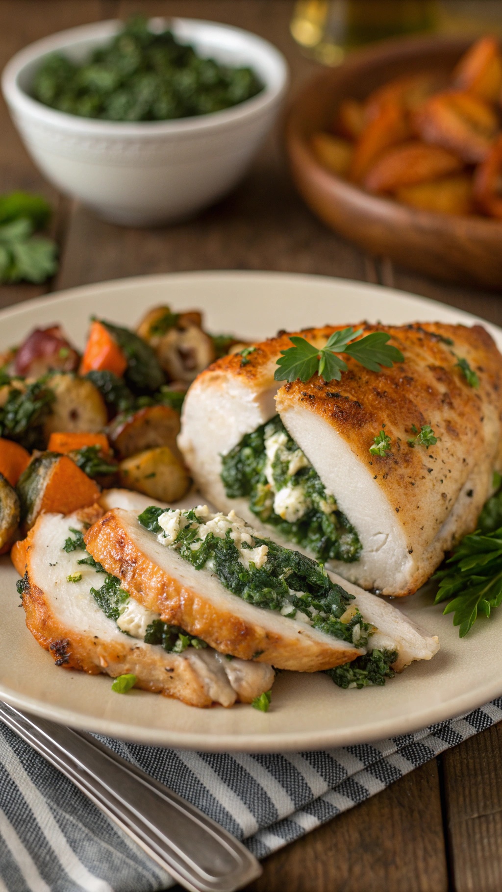 Low-Carb Spinach and Feta Stuffed Chicken Breast Recipe Stuffed chicken breast with spinach and feta, sliced to show filling, served with roasted vegetables on a rustic table.