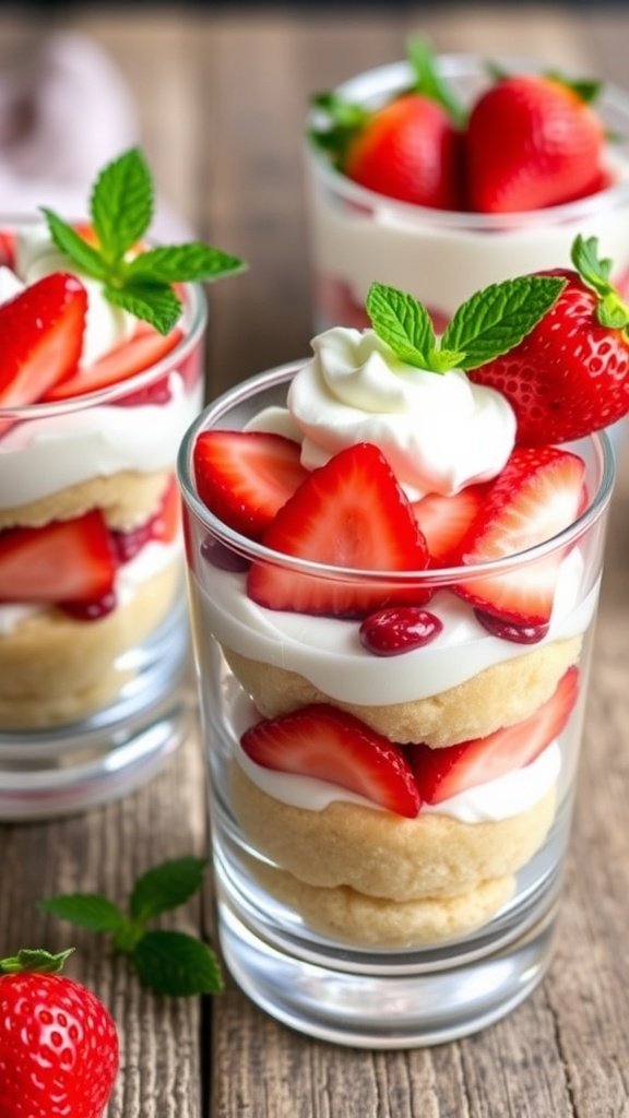 Strawberry shortcake parfaits in clear glasses with layers of strawberries, whipped cream, and cake, garnished with mint.