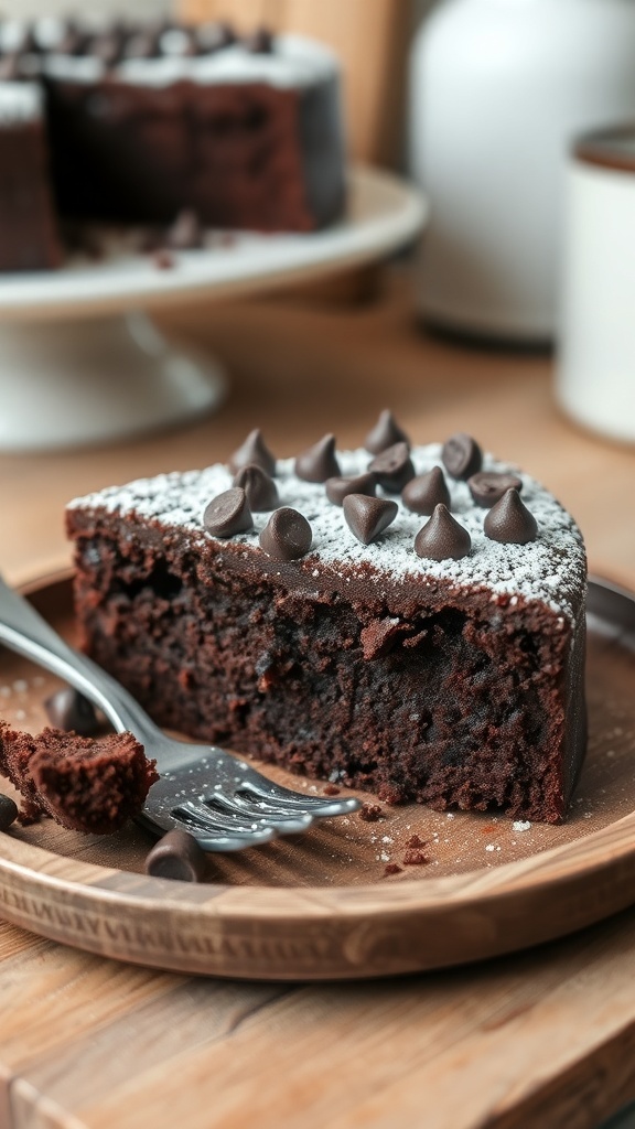 A slice of vegan chocolate cake topped with chocolate chips on a rustic plate with a fork.