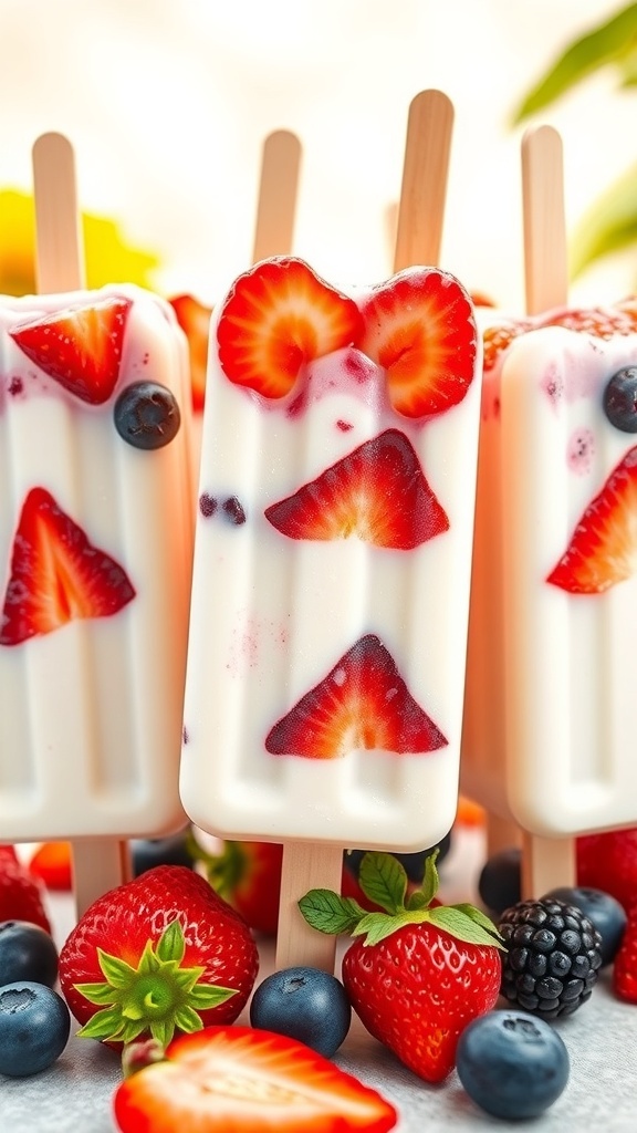 Colorful yogurt and fruit popsicles with layers of yogurt and fresh fruit on a sunny background.