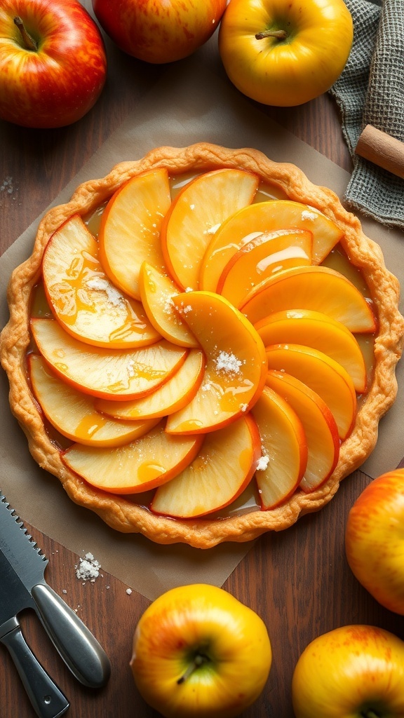 A classic French apple tart with glossy apple slices on a wooden table, garnished with fresh apples.