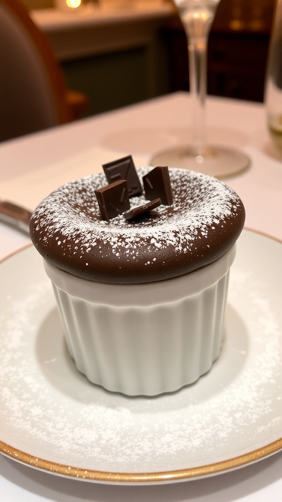 A light chocolate soufflé in a ramekin, dusted with powdered sugar, on an elegant plate.