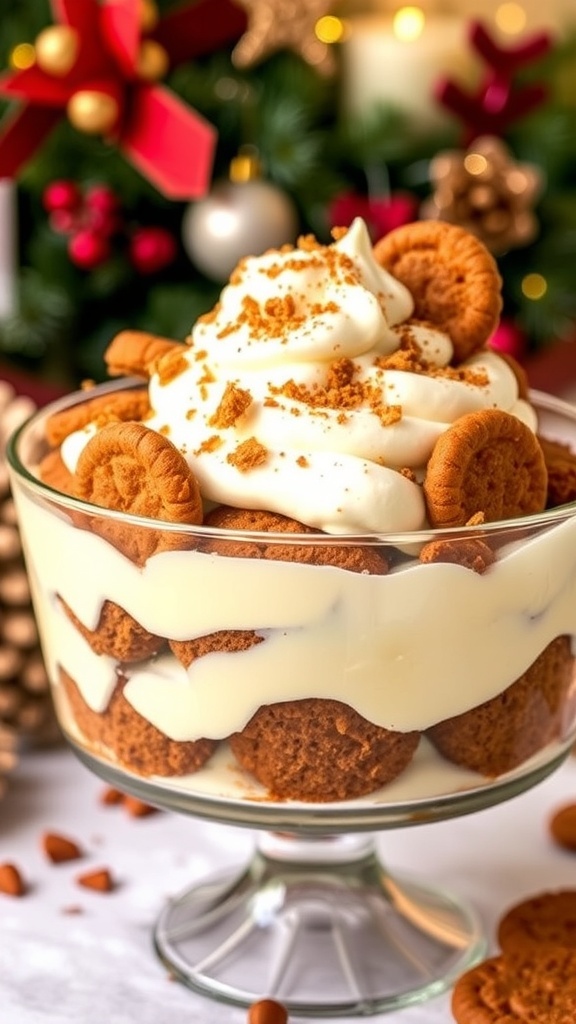 A beautiful gingerbread trifle with layers of gingerbread, pudding, and whipped cream, garnished with crushed cookies and cinnamon.