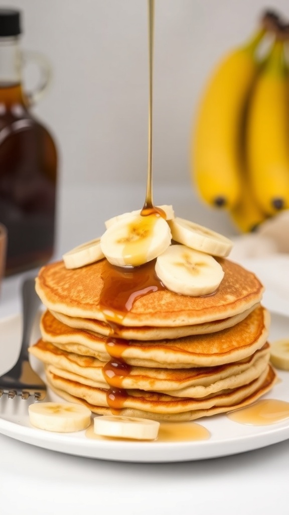 A stack of banana pancakes topped with banana slices and syrup on a white plate.
