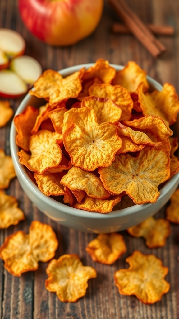 A bowl of golden-brown crispy apple chips on a wooden table with a fresh apple and cinnamon.