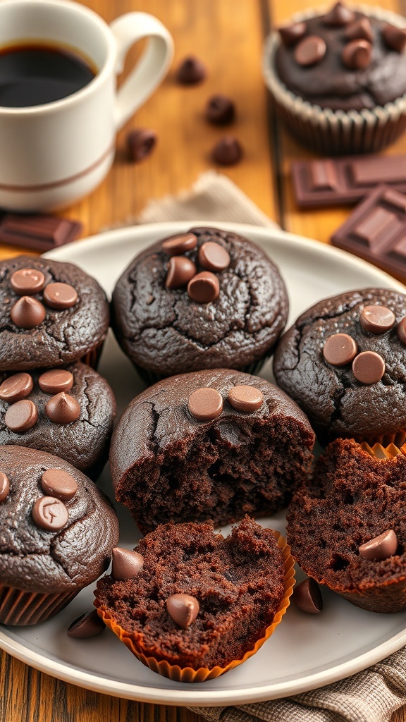 A plate of chocolate protein muffins with chocolate chips, some muffins broken open, in a rustic kitchen setting.
