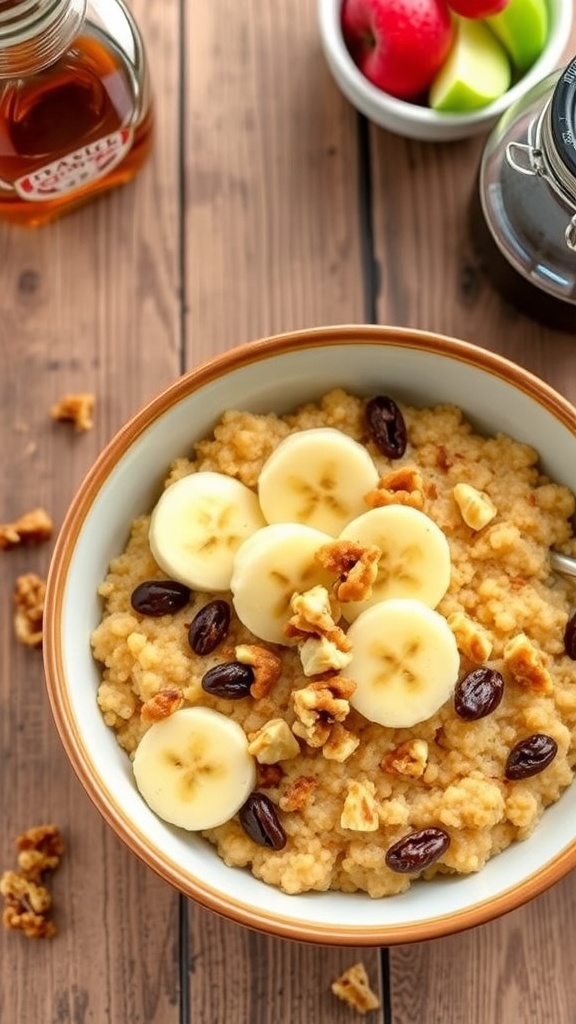 A bowl of cinnamon raisin overnight quinoa topped with bananas and walnuts, with maple syrup in the background.