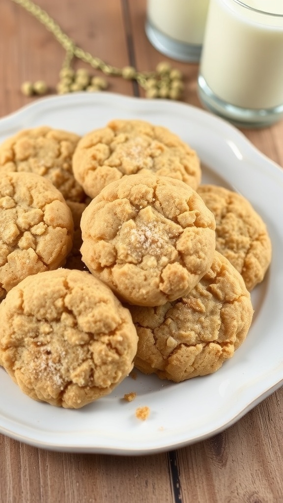 A plate of oatmeal snickerdoodle cookies with cinnamon sugar, set on a rustic wooden table next to a glass of milk.