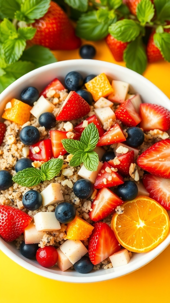 A colorful quinoa fruit salad with strawberries, blueberries, apples, and oranges, garnished with nuts and mint.