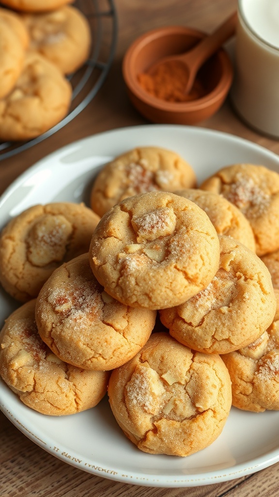 A plate of vegan protein snickerdoodles dusted with cinnamon sugar, set on a wooden table.
