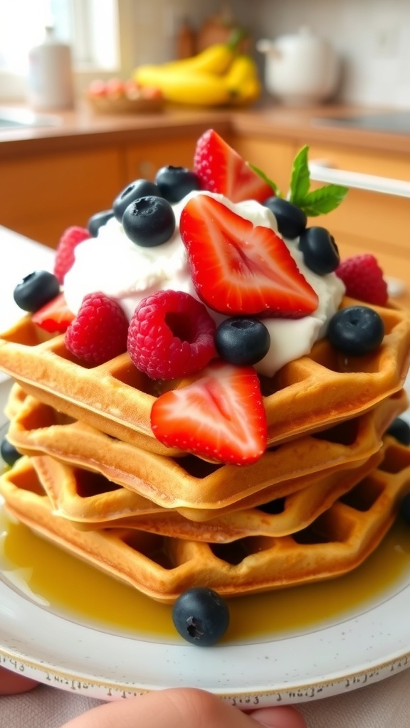 A stack of whole grain waffles topped with yogurt and mixed berries on a rustic plate.