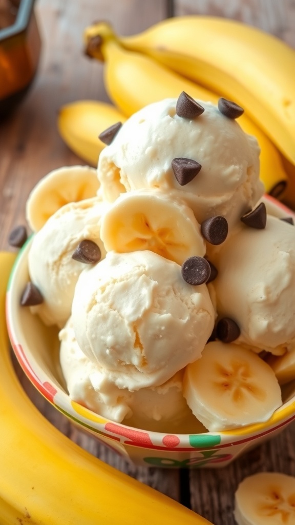 A bowl of banana ice cream topped with banana slices and chocolate chips on a wooden table.