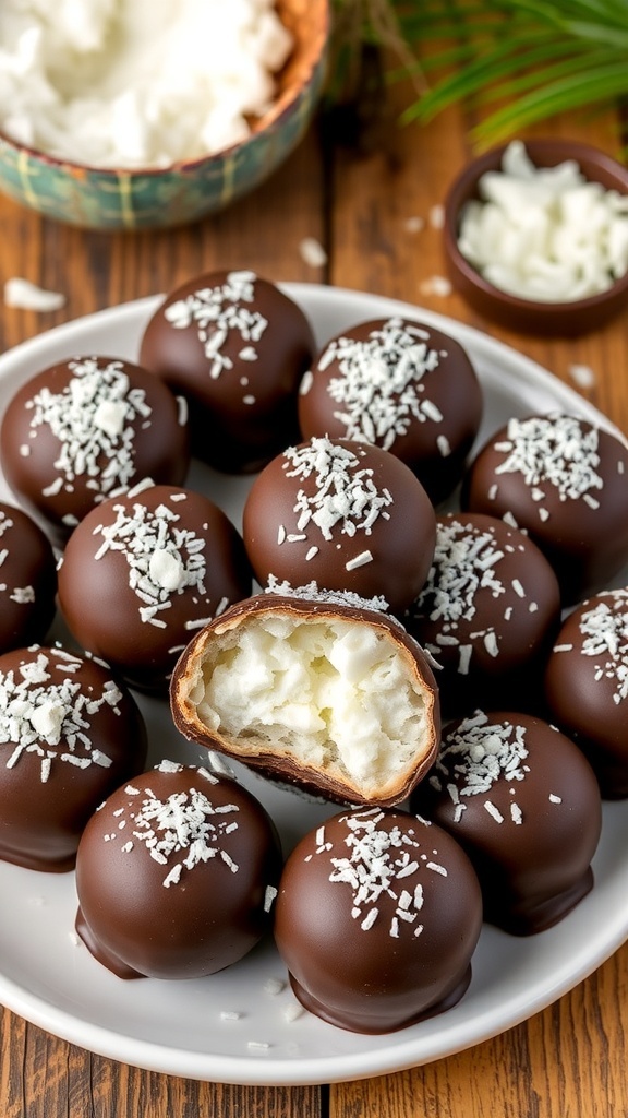 Chocolate coconut fat bombs on a plate, with shredded coconut sprinkled on top, set on a rustic wooden table.
