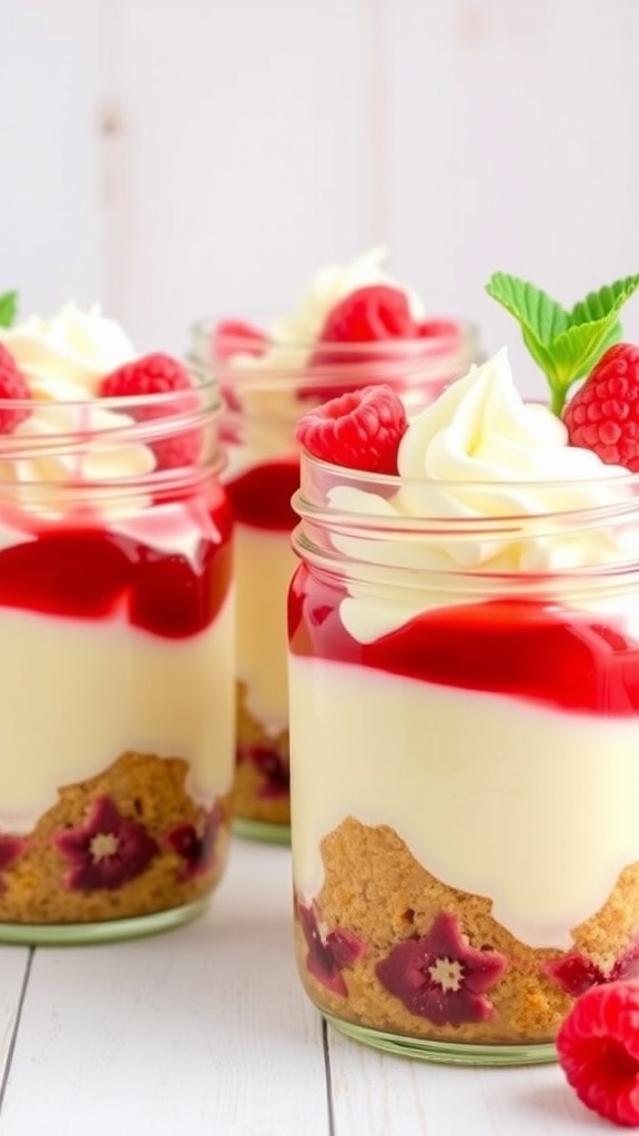 Four jars of raspberry lemonade cheesecake with graham cracker crust and fresh raspberries on top.