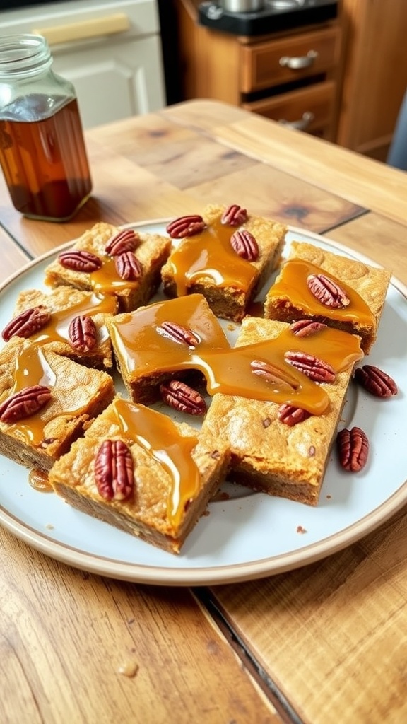 Maple pecan blondies on a plate, garnished with pecans and maple syrup, on a wooden table.