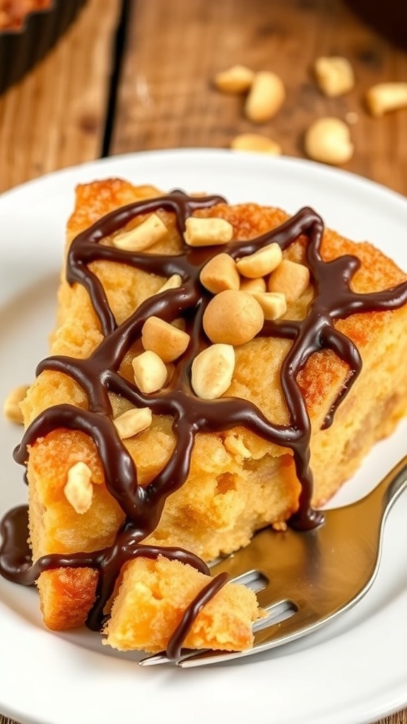 A slice of peanut butter cup protein bread pudding topped with chocolate and peanuts on a rustic table.