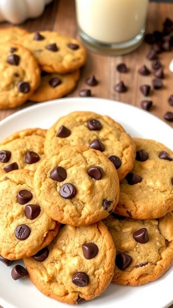 A plate of golden brown gluten-free almond flour chocolate chip cookies with chocolate chips on a rustic kitchen table.