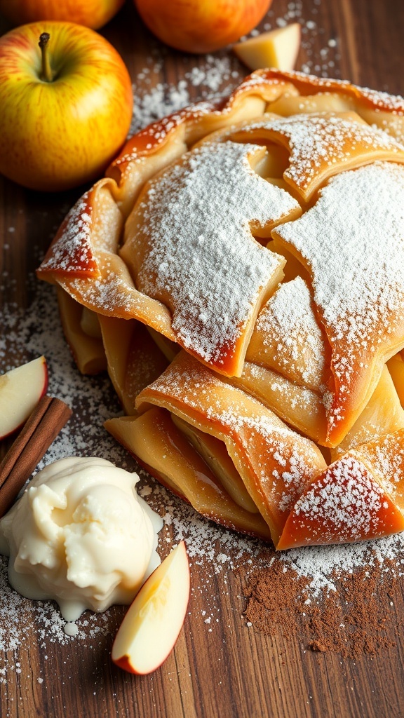 A freshly baked apple strudel with powdered sugar, served with vanilla ice cream and apple slices.