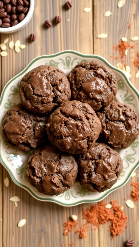 A plate of chewy no-bake chocolate oatmeal cookies on a rustic wooden table.
