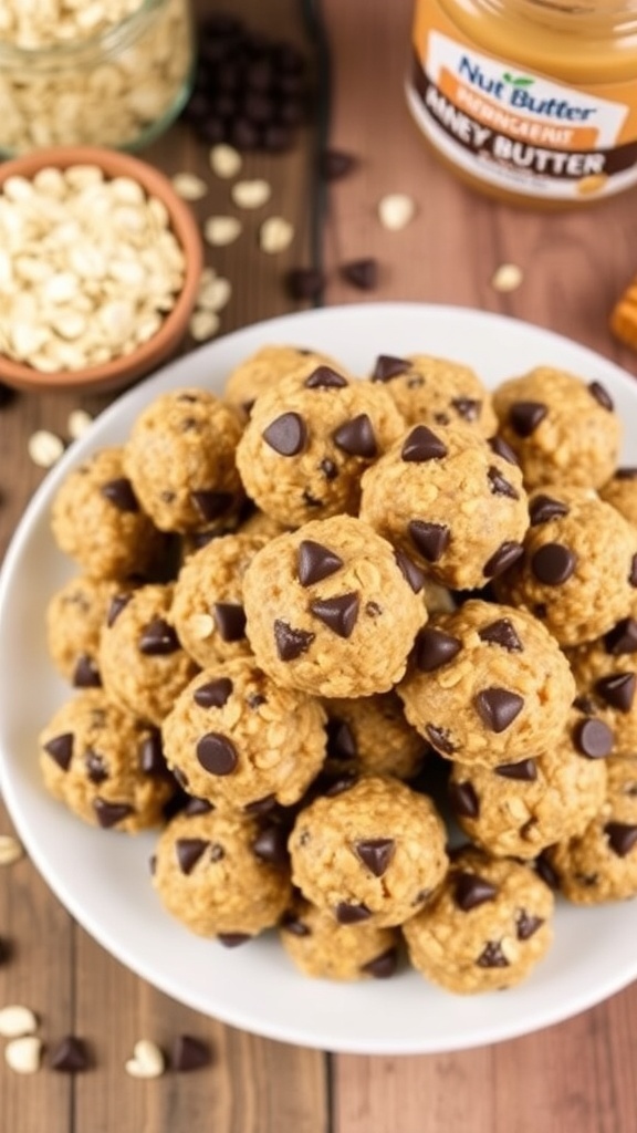 A plate of no-bake oatmeal energy bites with chocolate chips on a wooden table.