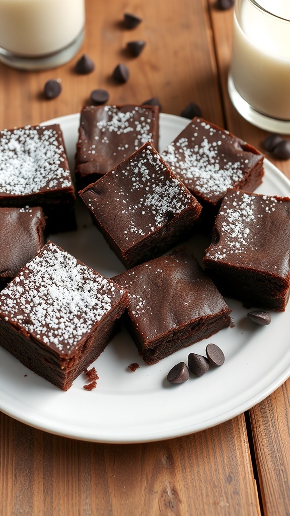 A plate of fudgy brownies with powdered sugar and chocolate chips on a rustic table with a glass of milk.