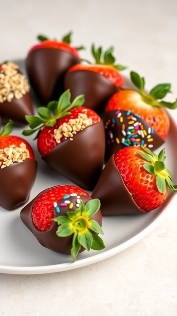 Chocolate-dipped strawberries on a plate, garnished with nuts and sprinkles.