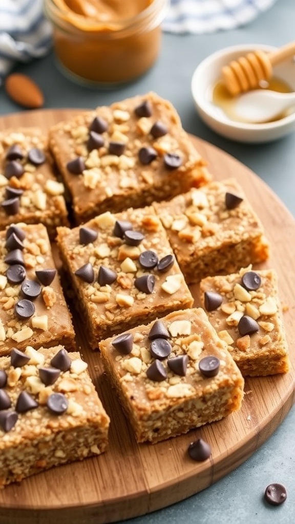 No-bake almond butter energy bars cut into squares, topped with nuts and chocolate chips, on a wooden board.
